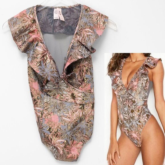 Victoria's Secret Tops - Victoria's Secret Bodysuit Brocade Ruffle Mesh Back Metallic Gold Pink XS New